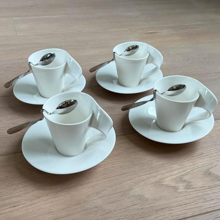 4x Villeroy & Boch New Wave Kop- en Schotelset met Lepeltje, Huis en Inrichting, Keuken | Servies, Zo goed als nieuw, Kop(pen) en/of Schotel(s)