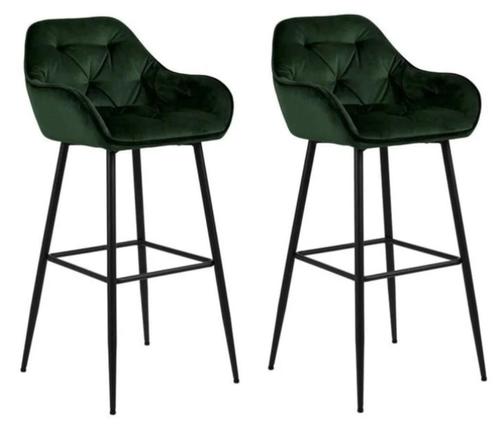 4 Velvet barkrukken Velvet donkergroen, Huis en Inrichting, Barkrukken, Zo goed als nieuw, 60 tot 90 cm, Metaal, 4 krukken, Met voetsteun