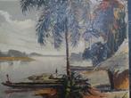 Schilderij rivier kano's bij hut Indonesië Molo Aljili 1961, Antiek en Kunst, Verzenden
