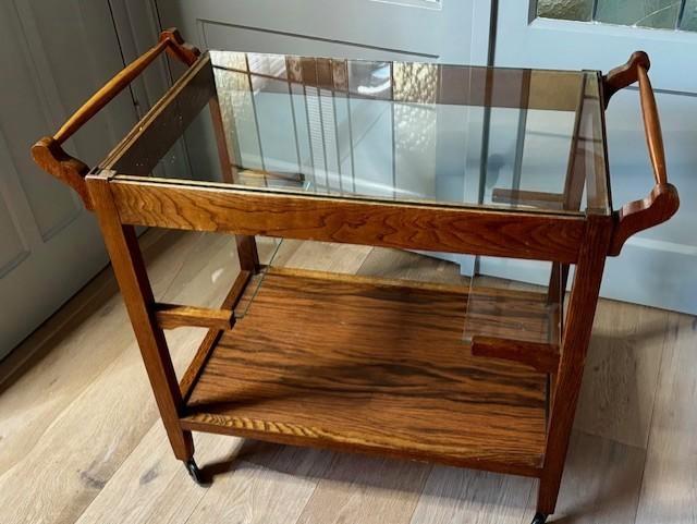 Vintage serveertrolley glas/hout, Huis en Inrichting, Tafels | Bijzettafels, Gebruikt, Rechthoekig, 60 cm of meer, 75 cm of meer