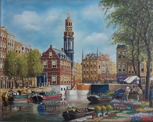 BLOEMENMARKT AMSTERDAM🌷SINGEL🌷MUNTTOREN>BOTEN>STADSGEZICHT, Antiek en Kunst, Kunst | Schilderijen | Klassiek, Ophalen of Verzenden