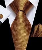 100% zijde Stropdas Pochet Manchetknopen Bruin Goud -NIEUW-, Ophalen of Verzenden, Nieuw, Bruin, Effen