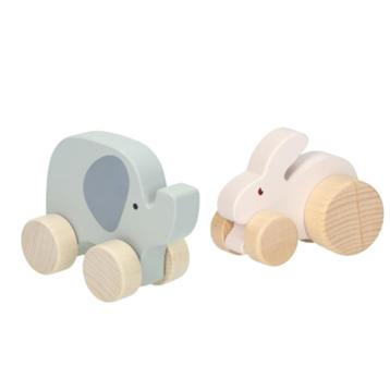 Set 2 houten speelfiguren op wielen beschikbaar voor biedingen