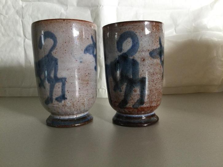 Vintage blauwe koe bekers – Pottenbakkerij De Vuurvogel, Verzamelen, Retro, Huis en Inrichting, Ophalen of Verzenden