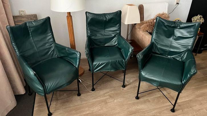 3 Montis Charly stoelen - groen leer, Huis en Inrichting, Fauteuils, Gebruikt, Leer, 50 tot 75 cm, Minder dan 75 cm, Ophalen