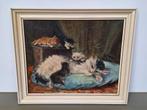 J. de Vries poezen schilderij poes kittens op kussen 40x50cm, Antiek en Kunst, Ophalen of Verzenden