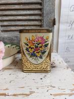 Goudkleurig blikje met viooltjes en andere bloemetjes, Ophalen of Verzenden