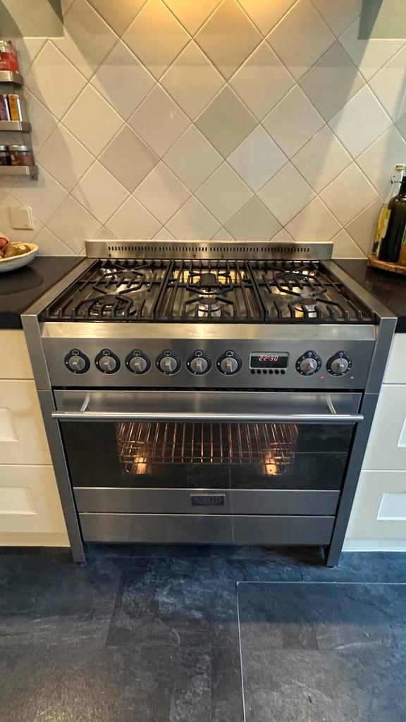 Boretti Techline RVS gasfornuis 90cm, Witgoed en Apparatuur, Fornuizen, Gebruikt, Vrijstaand, Gas, 5 kookzones of meer, 90 tot 95 cm