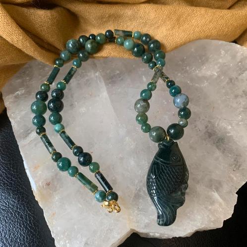 Mosagaat agaat vis hanger amulet beschermt intuïtie healing, Sieraden, Tassen en Uiterlijk, Kettingen, Nieuw, Steen of Mineraal