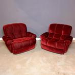 Set/2 lounge fauteuils in red velvet, Verzenden, Zo goed als nieuw, 75 tot 100 cm, Stof