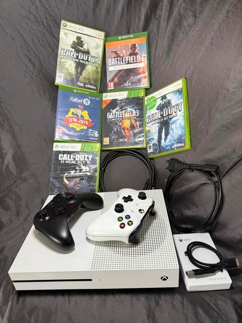 Xbox One S 1TB + 2 Controllers+ 8 Games+Externe Harde Schijf, Spelcomputers en Games, Games | Xbox One, Zo goed als nieuw, Shooter