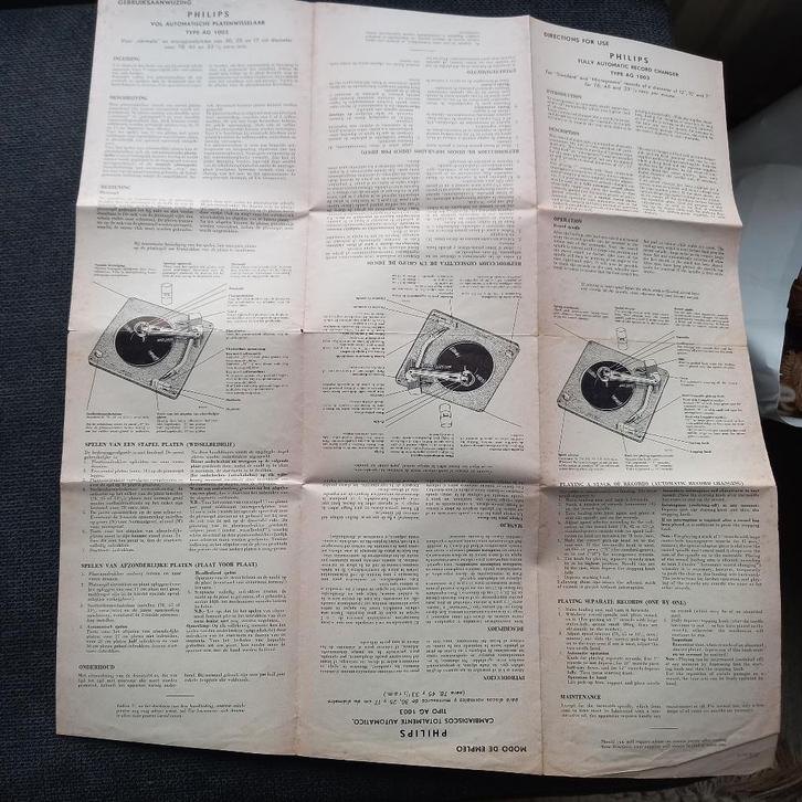 Philips platenspeler AG 1003 sjabloon en gebruiksaanwijzing, Audio, Tv en Foto, Platenspelers, Zo goed als nieuw, Philips, Ophalen of Verzenden