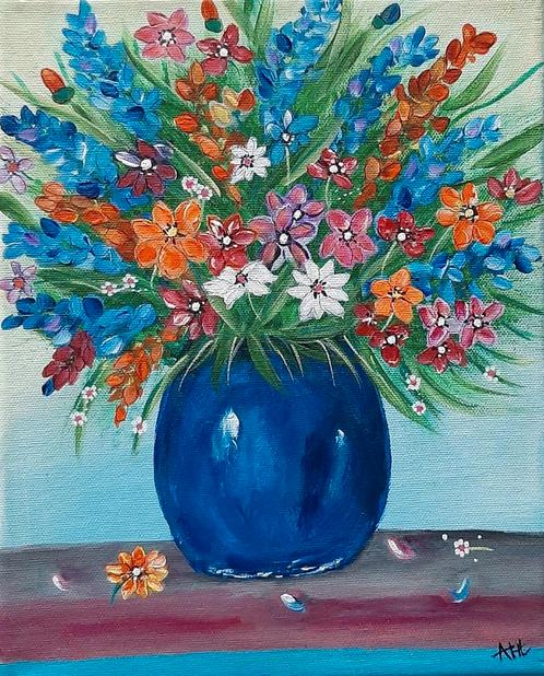 Bloemen in vaas schilderij in vrolijk acryl op canvas, Antiek en Kunst, Kunst | Schilderijen | Modern, Ophalen of Verzenden