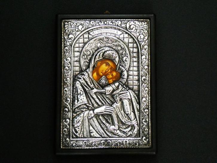 Byzantijns Icoon met Jezus en Maria met 950 zilver riza, Antiek en Kunst, Antiek | Religie, Ophalen of Verzenden