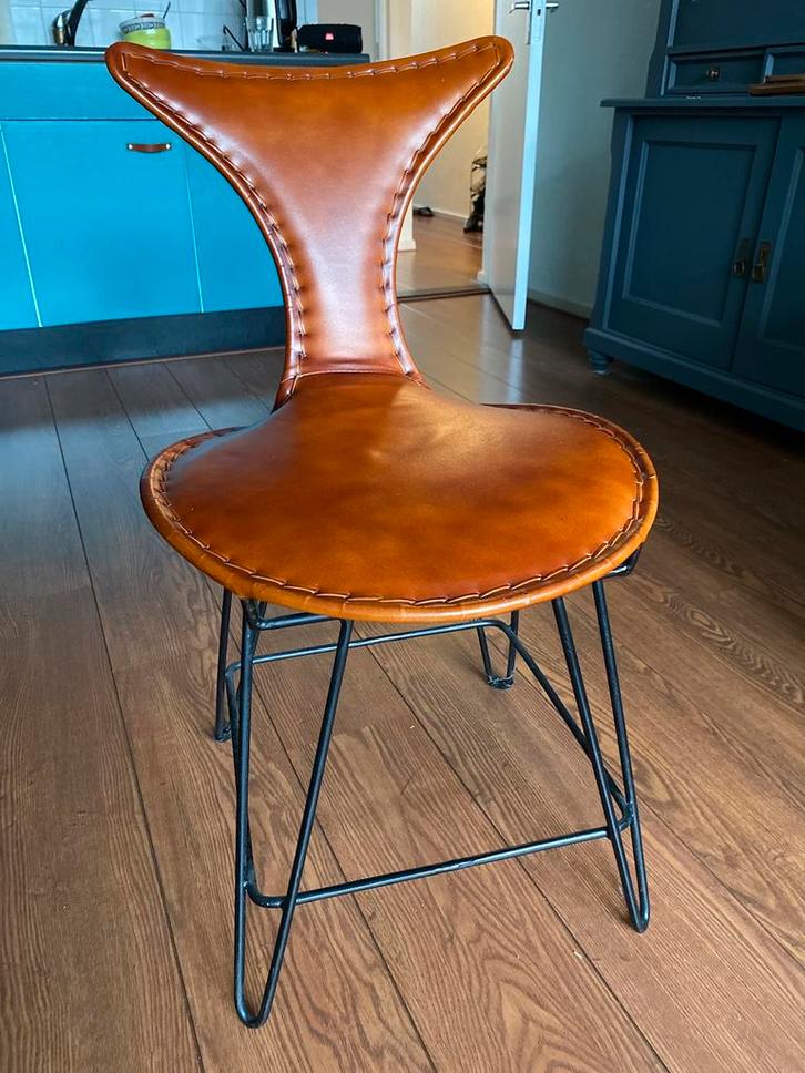 Leren industriële stijl vlinderstoel bruin, Huis en Inrichting, Stoelen, Zo goed als nieuw, Eén, Leer, Bruin, Ophalen