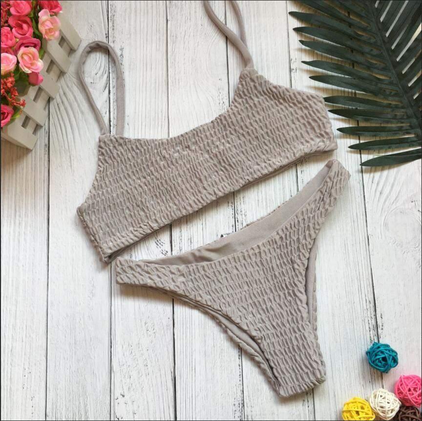 Grijze geplooide bikini dames vrouwen push up badkleding, Verzenden, Nieuw, Grijs, Bikini