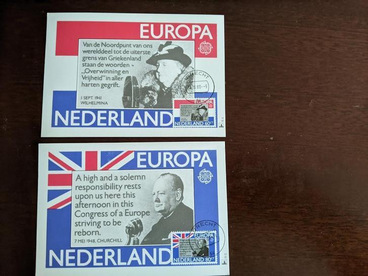NL 1980; 2 briefkaarten Kon. Wilhelmina en Churchill LEES, Postzegels en Munten, Brieven en Enveloppen | Nederland, Briefkaart