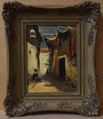 Schilderij Oosterse dorp scene met oude lijst., Antiek en Kunst, Verzenden