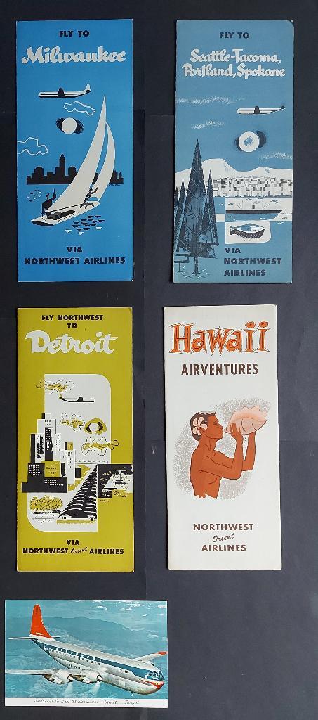 Diverse folders van Northwest Airlines uit de jaren 50, Verzamelen, Luchtvaart en Vliegtuigspotten, Gebruikt, Boek of Tijdschrift