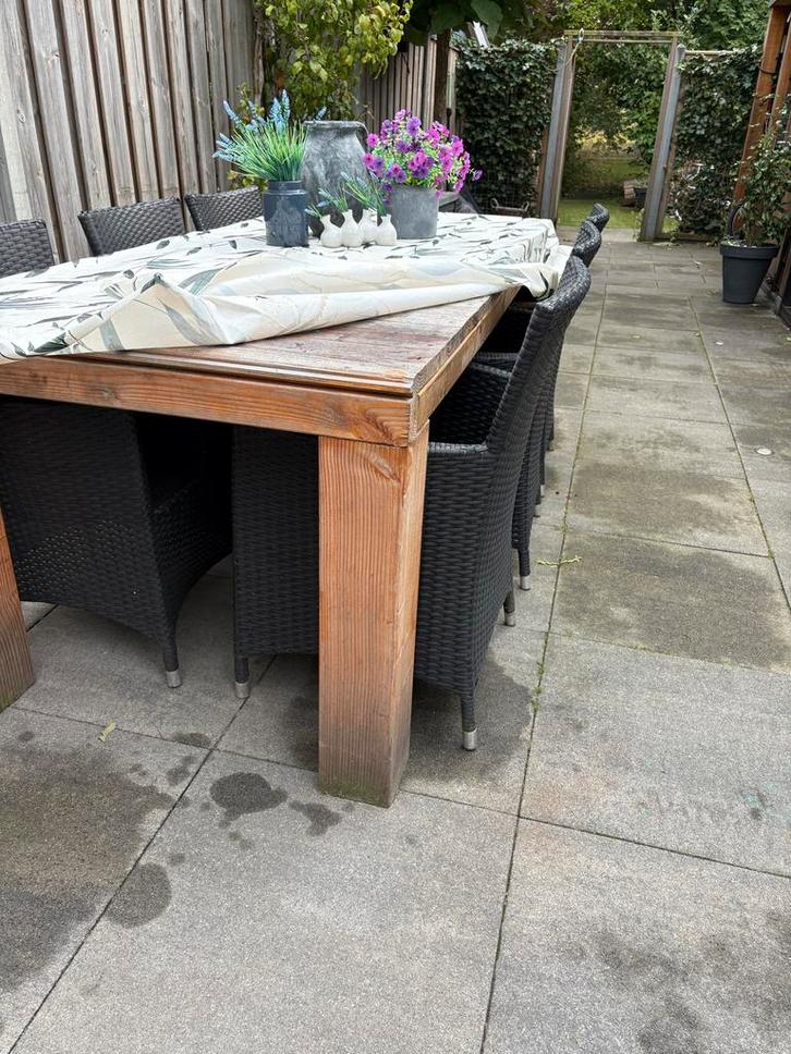 Robuuste tuinset: houten tafel + 6 rotan stoelen, Tuin en Terras, Tuintafels, Gebruikt, Rechthoekig, Wicker, Ophalen of Verzenden