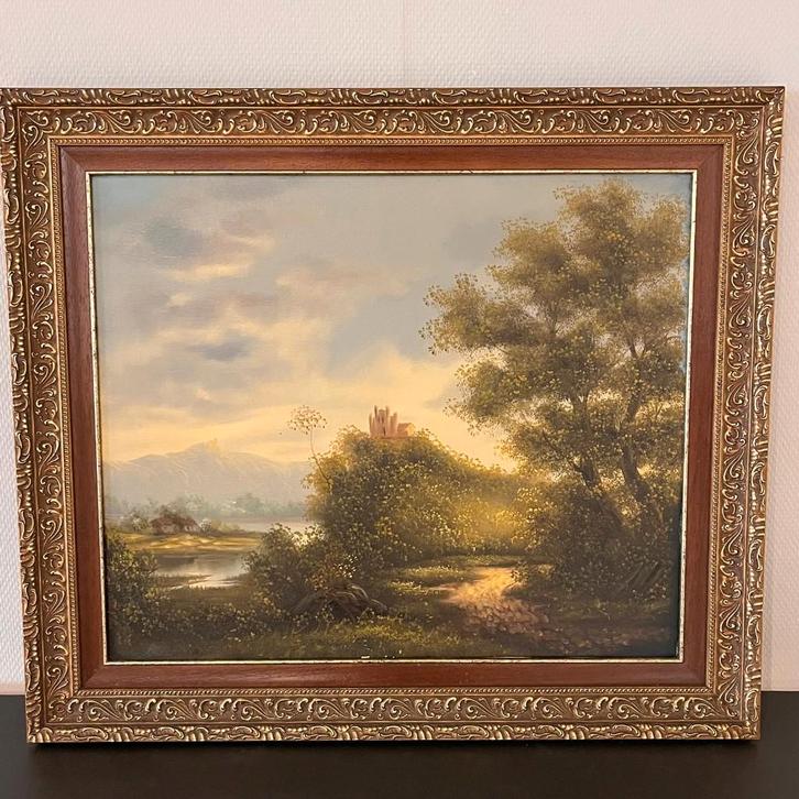 Schilderij-Natuur-gouden-lijst-75x65, Antiek en Kunst, Kunst | Schilderijen | Klassiek, Ophalen