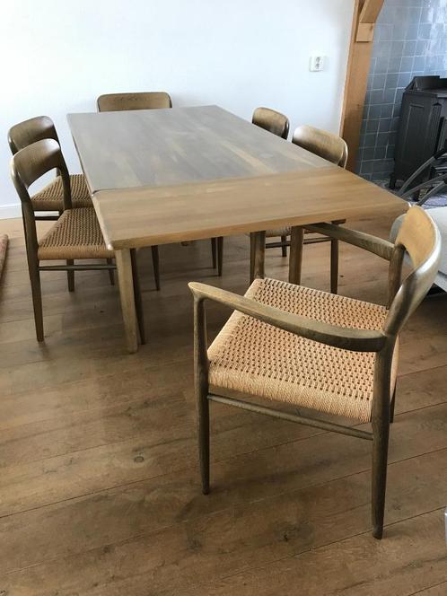 6 N.O. Moller 75  56 stoelen  en Gudme tafel vintage deens, Huis en Inrichting, Stoelen, Gebruikt, Hout, Bruin, Ophalen