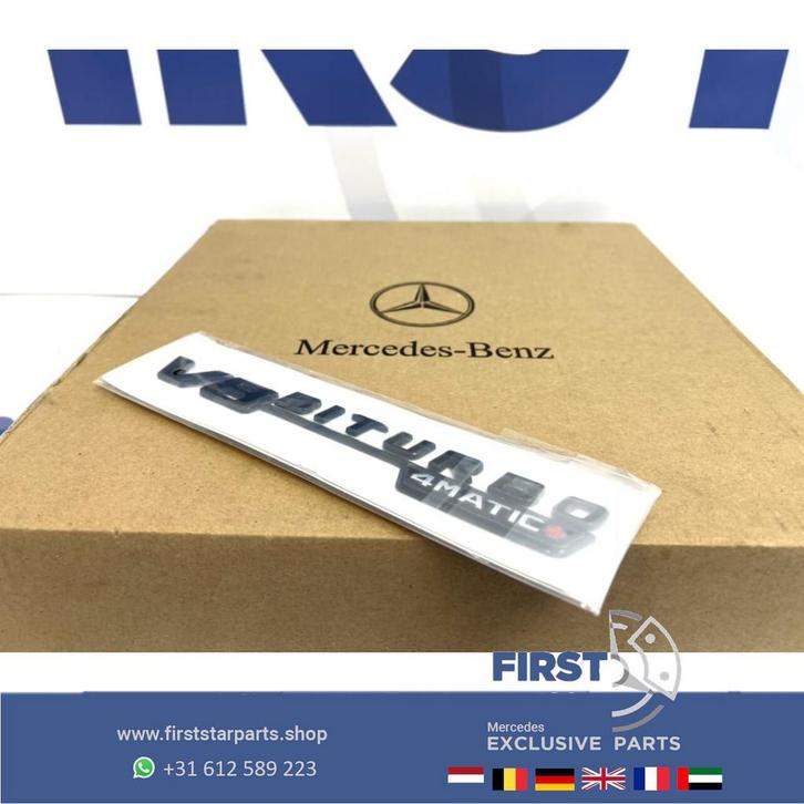 V8 LOGO SET ZWART BITURBO 4MATIC+ EMBLEEM L/R C63S E63S GLC6, Auto-onderdelen, Carrosserie en Plaatwerk, Mercedes-Benz, Voor, Gebruikt