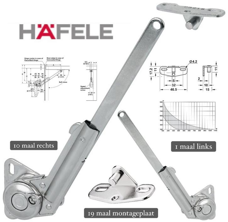 Häfele Klepsteunen Softclose 11 stuk + Montageplaat 19 Stuks, Doe-het-zelf en Verbouw, Hang- en Sluitwerk, Gebruikt, Scharnier