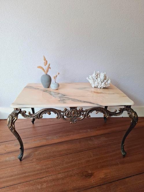 Messing met marmeren salontafel, Huis en Inrichting, Tafels | Salontafels, Gebruikt, Minder dan 50 cm, 50 tot 100 cm, Rechthoekig