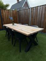 Douglas houten tafel met stalen X- poten, Tuin en Terras, Tuintafels, Ophalen, Zo goed als nieuw, Rechthoekig, Hout