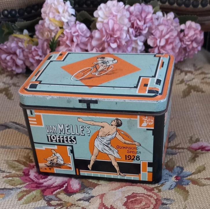Leuk oud blikje, Olympische Spelen 1928, Van Melle's Toffees, Verzamelen, Blikken, Gebruikt, Overige, Ophalen of Verzenden