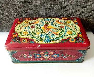 vintage blik met folkloristische bloemmotieven en vogels beschikbaar voor biedingen