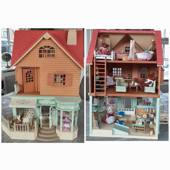 Sylvanian Families Market en bovenhuis, vintage, Wolven fam., Kinderen en Baby's, Speelgoed | Poppenhuizen, Gebruikt, Poppenhuis
