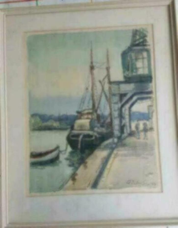 Prachtige aquarel vissersboot aan de havenkade.  Sept 1959., Antiek en Kunst, Kunst | Schilderijen | Klassiek, Ophalen