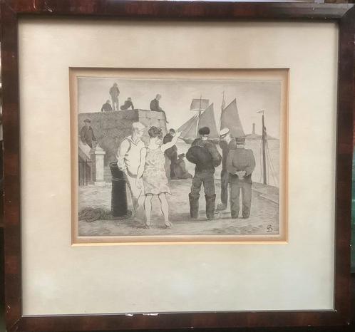 Frankrijk, Bretagne, haven, havengezicht, pier, Dubreuil, Antiek en Kunst, Kunst | Schilderijen | Klassiek, Ophalen of Verzenden