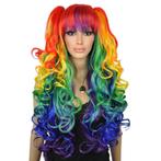 Luxe multi-color Pride regenboog krullen pruik + 2 staarten, Nieuw, Pruik of Haarverlenging, Verzenden
