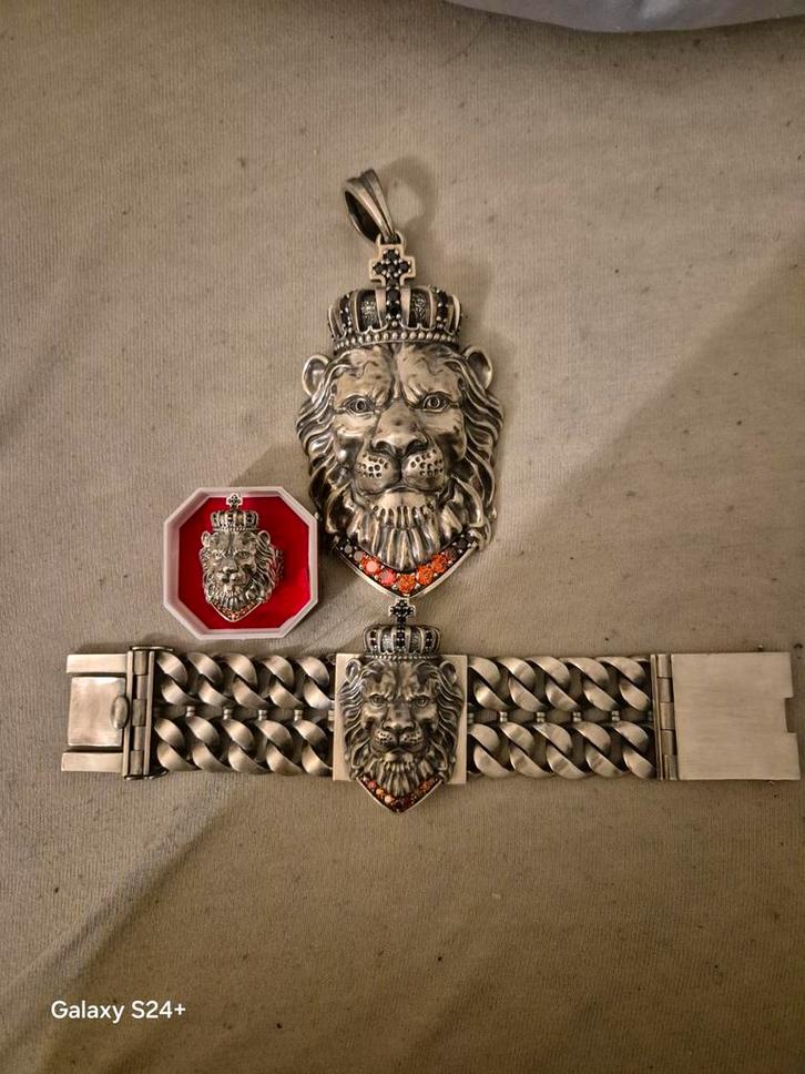 Zilveren Leeuwenkop Sieradenset - Koningswaardig!, Sieraden, Tassen en Uiterlijk, Armbanden, Zo goed als nieuw, Zilver, Zilver