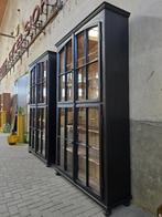 XL Vintage Houten Vitrinekast Zwart | Grote Vitrine Kast 1, Antiek Retro Vintage Brocante Landelijk, 200 cm of meer, 150 tot 200 cm