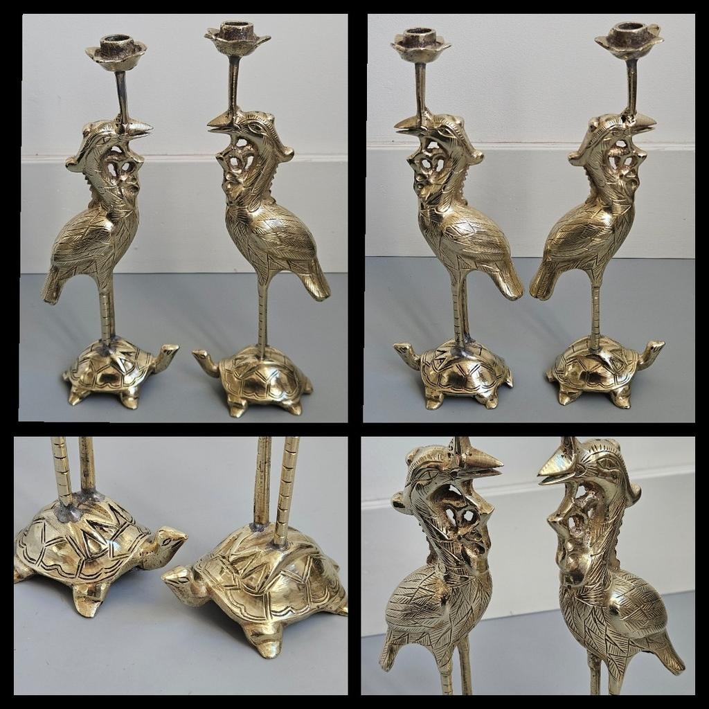 Antiek koper, stel kandelaars, vogel op schildpad, Ophalen of Verzenden, Koper of Brons