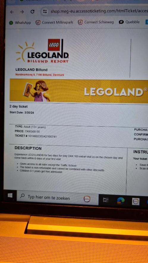 Legoland Denenmarken toegangskaarten 30 en 31 maart, Tickets en Kaartjes, Recreatie | Pretparken en Attractieparken, Drie personen of meer