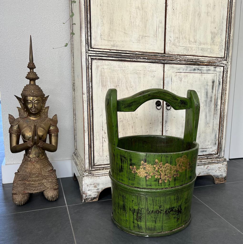 Chinees groot hout bak mand emmer Chinese handbeschilderd, Huis en Inrichting, Woonaccessoires | Schalen en Manden, Verburgt Vintage