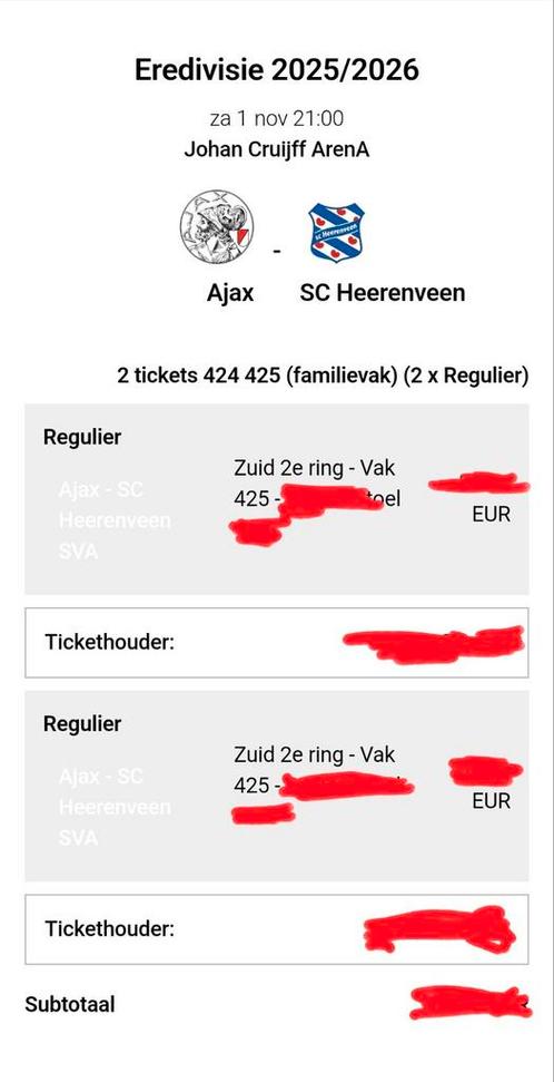 Ajax - SC Heerenveen 2 stoelen naast elkaar!, Tickets en Kaartjes, Sport | Voetbal, Twee personen, November, Losse kaart