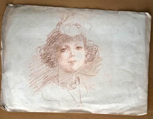 A493-64 Oude tekening meisje met strik rood potlood, Antiek en Kunst, Kunst | Tekeningen en Foto's, Ophalen of Verzenden