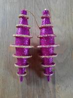 Kerst kerstboom versiering 2x hangers roze goud lengte 16 cm, Diversen, Ophalen of Verzenden, Gebruikt