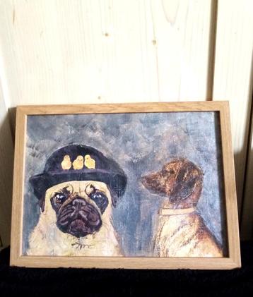 🐾 Handmade Mopshond schilderij Teckel in een houten lijst beschikbaar voor biedingen