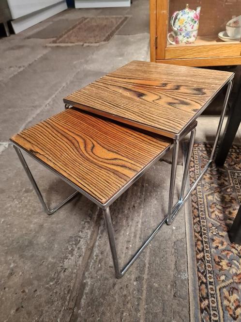 Vintage buisframe chrome bijzettafeltjes mimiset, Huis en Inrichting, Tafels | Bijzettafels, Zo goed als nieuw, Rechthoekig, Minder dan 55 cm
