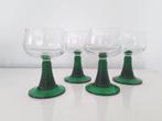4 Vintage wijnglazen met geribbelde groene voet, Glas of Glazen, Ophalen of Verzenden, Overige stijlen, Glas