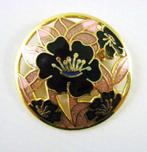 Ronde cloisonné emaille broche, zwarte bloem met roze (6635-, Sieraden, Tassen en Uiterlijk, Broches, Ophalen, Zo goed als nieuw