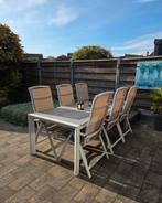 Tuintafel met zes stoelen (inclusief kussens), Ophalen, Gebruikt, Kunststof