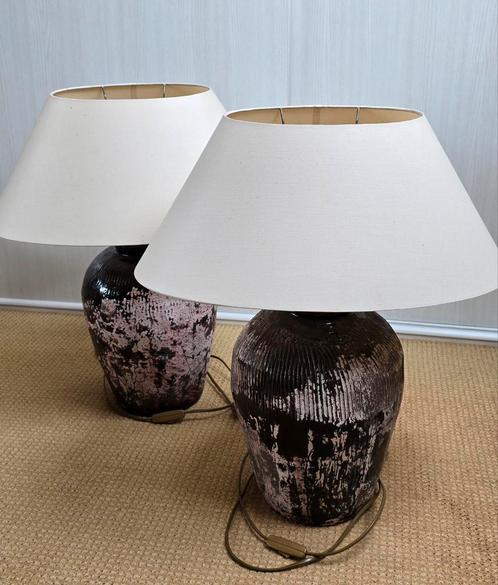 2 MOOIE LAMPEN, GEMAAKT OUDE CHINESE RIJSTPOTTEN INCL KAPPEN, Huis en Inrichting, Lampen | Lampenkappen, Zo goed als nieuw, 50 cm of meer